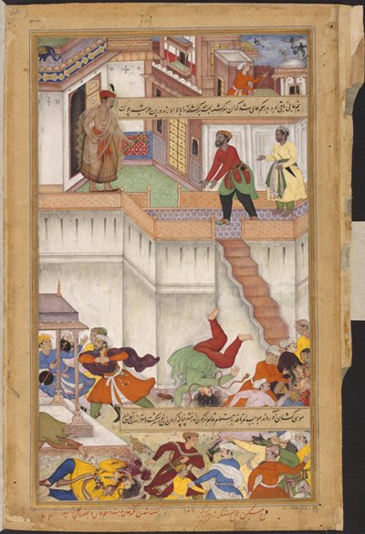 1. Akbar-nama, Adham Khan halálra van taszítva. alkotó: Shankar Miskin