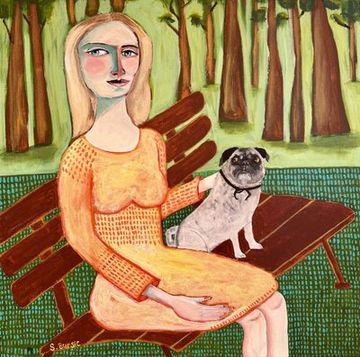 Nő mopszival alkotó: Sharyn Bursic