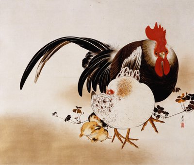 Függő tekercs kakast, tyúkot és csibéket ábrázolva (színes lakk előkészített papíron) alkotó: Shibata Zeshin