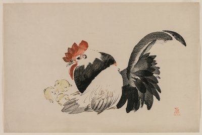 Kakas, tyúk és csibék, c. 1880-as évek. alkotó: Shibata Zeshin