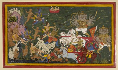 Hozzáadás. 15297 (1) f.142r Harc a tízfejű démonkirály Ravana ellen, „Ramayana” alkotó: Unbekannt