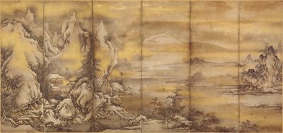 Japán: 『式部輝忠筆 四季山水図屏風 室町時代 』 室町時代 』 A négy évszak tájképe, egy a párból (Ázsiai Művészeti Múzeum B60D49+) alkotó: Shikibu Terutada