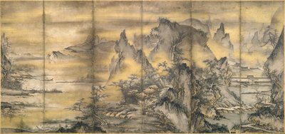 Japán: 『式部輝忠筆 四季山水図屏風 室町時代 』 室町時代 』 A négy évszak tájképe, egy a párból. alkotó: Shikibu Terutada