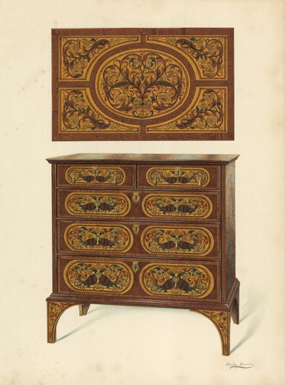 Intarziával kirakott komód (chromolitho) alkotó: Shirley Charles Llewellyn Slocombe