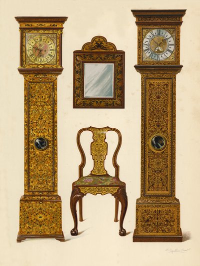 Világos marqueterie-vel kirakott óra, Percy Macquoid tulajdona; Sötét marqueterie-vel kirakott óra, Victoria and Albert Museum; Intarziával kirakott diófa szék; Tükör (chromolitho) alkotó: Shirley Charles Llewellyn Slocombe