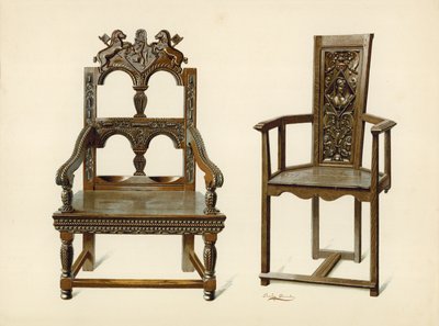 Oak Cacqueteuse szék, Percy Macquoid tulajdona; Tiszafa szék, Leeds hercegének tulajdona (chromolitho) alkotó: Shirley Charles Llewellyn Slocombe
