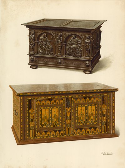 Tölgyfa láda, Seymour Lucas tulajdona; Tölgy berakásos Nonesuch mellkas (chromolitho) alkotó: Shirley Charles Llewellyn Slocombe