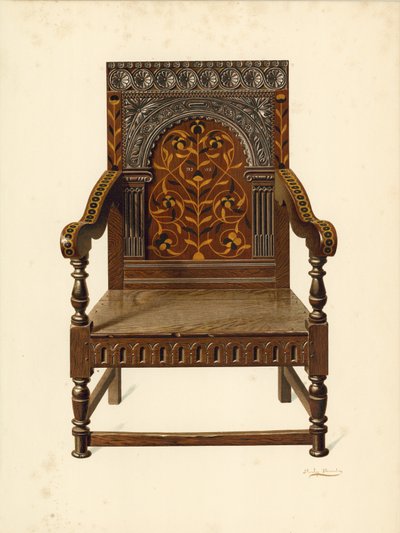 Tölgy intarziás szék, Miss Dorothy Chune Fletcher (chromolitho) tulajdona alkotó: Shirley Charles Llewellyn Slocombe