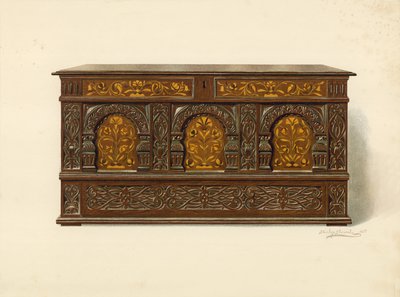 Tölgyfa intarziás láda, Arthur James tulajdona (chromolitho) alkotó: Shirley Charles Llewellyn Slocombe