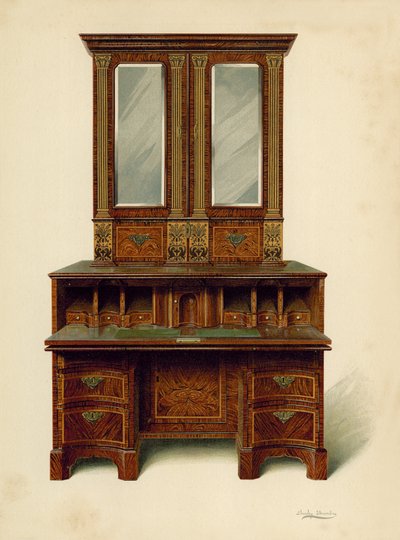 Diófa intarziás írószekrény, Alfred A de Pass (chromolitho) tulajdona alkotó: Shirley Charles Llewellyn Slocombe