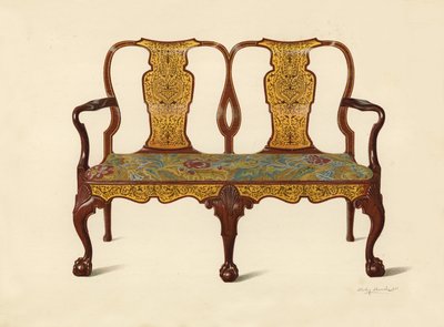 Diófa ülőgarnitúra intarziával, Percy Macquoid tulajdona (chromolitho) alkotó: Shirley Charles Llewellyn Slocombe