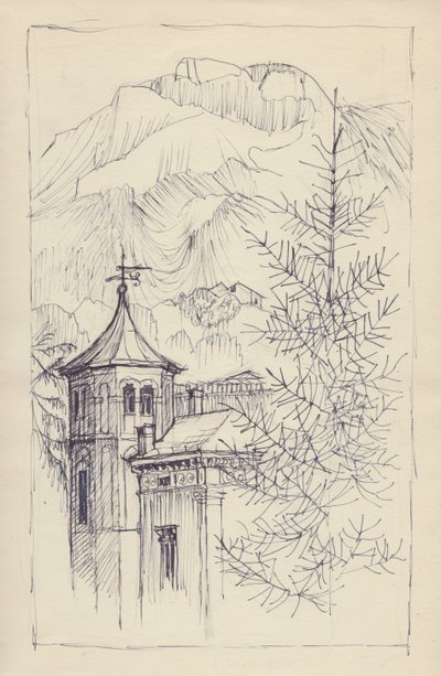 Templom és hegyek, Olaszország, 1950. alkotó: Shirley Markham