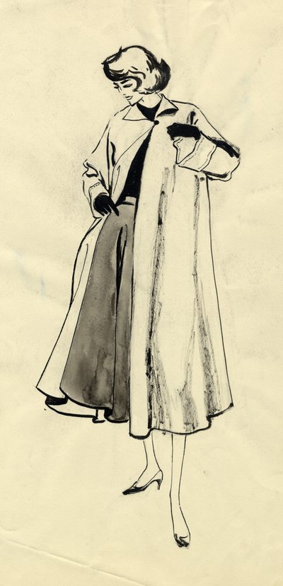Nő kabátban és szoknyában, 1950. alkotó: Shirley Markham
