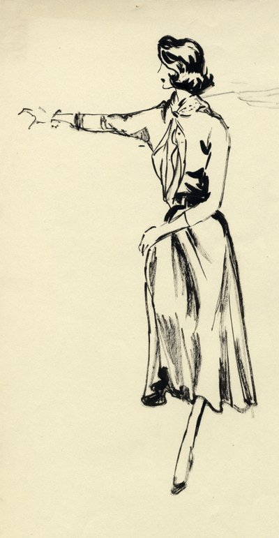 Nő teljes szoknyában, kinyújtott karral, 1950. sz. alkotó: Shirley Markham