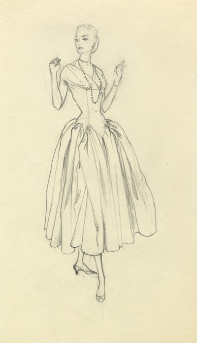 Nő keskeny derekú ruhában, c1952. alkotó: Shirley Markham