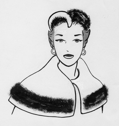 Nő prémes köpennyel és hozzáillő kalappal, 1950. sz. alkotó: Shirley Markham