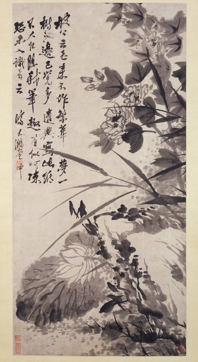 Hibiszkusz, lótusz és szikla, kb. 1705-7. alkotó: Shitao