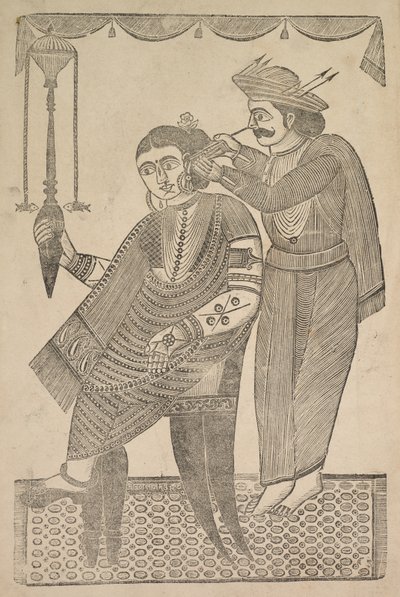 Egy fodrász egy kurtizán fülét tisztítja, 1800-as évek. alkotó: Shri Gobinda Chandra Roy