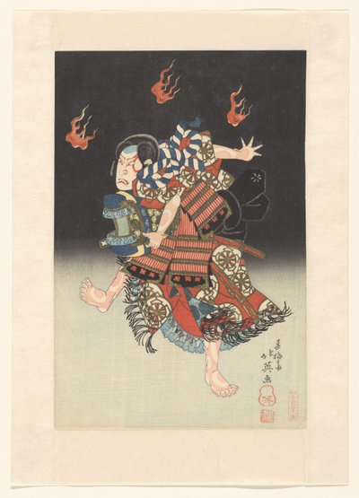 Nakamura Shikan II mint de vos (kitsune) Genkurô a „Hanayagura hitome senbon” hangszínben, Naka Színház alkotó: Shunbaisai Hokuei