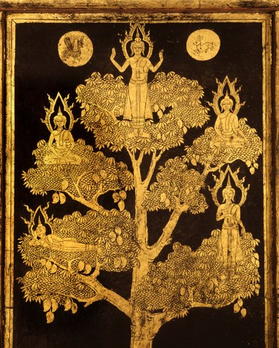 Kéziratos szekrény hátsó panelje buddhista jelenetekkel, valószínűleg késő Ayutthaya korszakból (lakkozott és aranyozott fa) alkotó: Siamese School