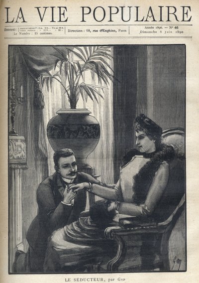 Egy térden álló férfi egy elegáns nő kezét fogja, egy polgári nappaliban ül, kabátot, ujjat és szőrmesálat visel. Illusztráció: Le Seducteur par Gyp (Sibylle Gabrielle Marie Antoinette Riquetti de Mirabeau, Martel d grófnője alkotó: Sibylle Gabrielle de Riquetti de Mirabeau