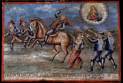 Ex-voto (ex voto) szicíliai: „” Az elrabolt Ursino grófnőt 1871.08.16-án csoda folytán megmentették”. Egy dandár ábrázolása (Brigantaggio): A három rabló elrabolja a grófnőt, miközben a Carabinieri lő rájuk. . alkotó: Sicilian School