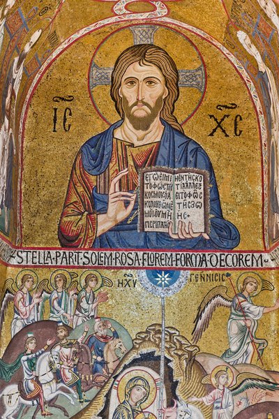A Nádor-kápolna (bazilika), déli apszis vagy Szent Pál „abszidiola”, mozaikok: „Krisztus Pantokrátor” és „Születés”, XII. alkotó: Sicilian School