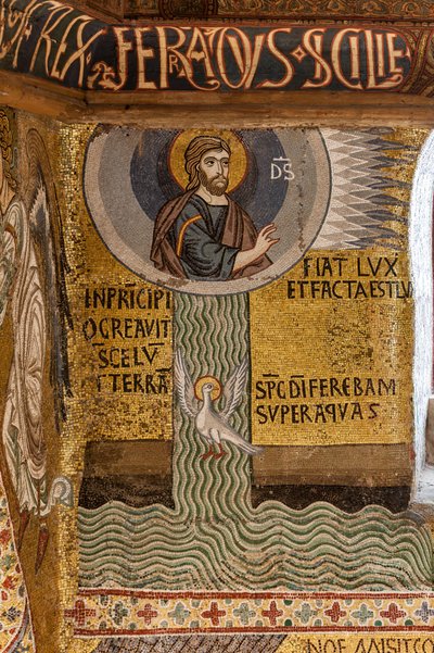 A Nádor-kápolna (bazilika), mozaikciklus az Ószövetségről, a Teremtés ciklusa: "Fiat Lux Isten teremti a fényt és osztja a vizeket", XII. alkotó: Sicilian School
