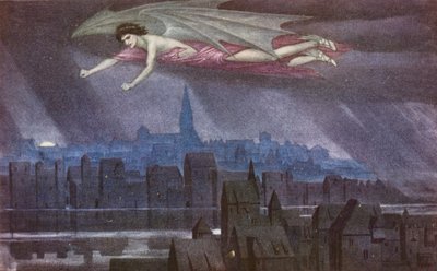 Az arany legenda: Lucifer repül a város felett (színes litográfia) alkotó: Sidney Meteyard