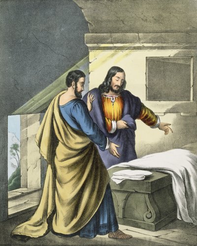 Péter és János a sírnál, Edward Gover által nyomtatott bibliából, 1870-es évek alkotó: Siegfried Detler Bendixen