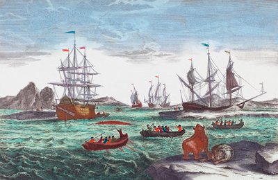 Bálnavadász flotta Grönlandnál a 18. században (metszet) alkotó: Sieuwert van der Meulen