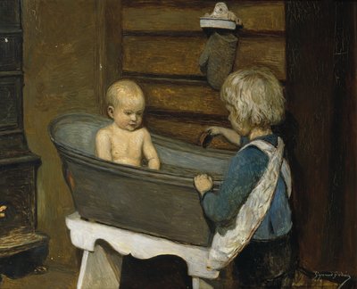 Mosókádban játszó gyerekek (olaj, vászon) alkotó: Sigmund Sinding