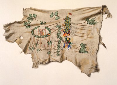 A Kiowa naptánc páholyának felállítása (pigment szarvasbőrre) alkotó: Silver Horn
