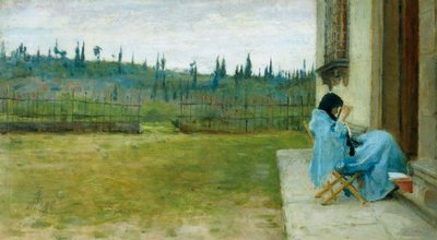Hölgy munkahelyen, Silvestro Lega (1826-1895), olaj, vászon, 22x40 cm alkotó: Silvestro Lega
