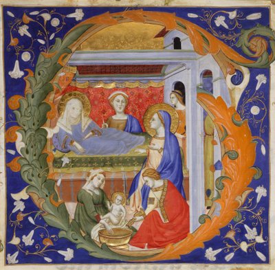 Kéziratos megvilágítás a Szűz születésével, G kezdőbetűvel, Graduálból, kb. 1375. alkotó: Silvestro dei Gherarducci