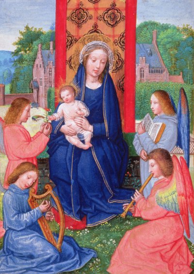 Pl. 2125 f.157v Madonna és gyermek hangszeren játszó angyalokkal, Ghistelles Joanna óráiból, 1516 körül (vellum) alkotó: Simon (attr. to) Bening