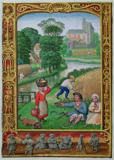 Add hozzá 24098 f.25v augusztus: Betakarítás folyó közelében, egy órakönyvből vagy a Golf Bookból, 1520-30 körül (vellum) alkotó: Simon (workshop of) Bening
