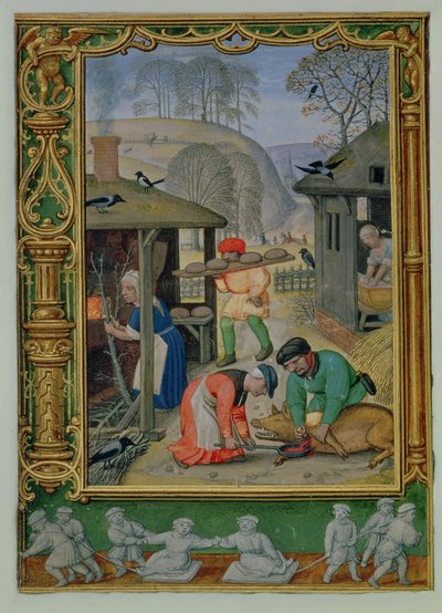 Add hozzá 24098 f.29v December: Élelmiszer készítés télre, kenyérsütés és disznóölés egy Órakönyvből vagy a Golf Bookból, 1520-30 körül (vellum) alkotó: Simon (workshop of) Bening