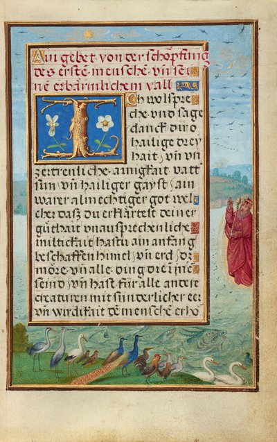 Bordüre mit der Erschaffung von Vögeln und Fischen alkotó: Simon Bening