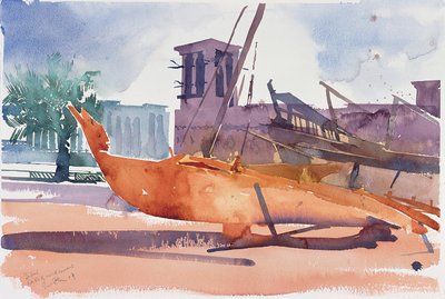 Dubai, csónakok és széltornyok, 2004 (akvarell, papír) alkotó: Simon Fletcher