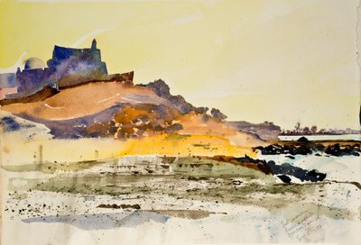 Sidi Jemour, sziklák és tengerpart,Djerba Tunézia, 2000 (akvarell) alkotó: Simon Fletcher