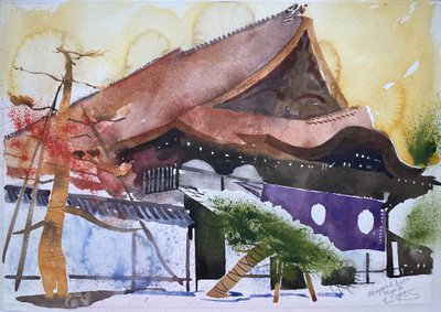 Becsomagolt fák Kiotóban, 2000 (akvarell) alkotó: Simon Fletcher