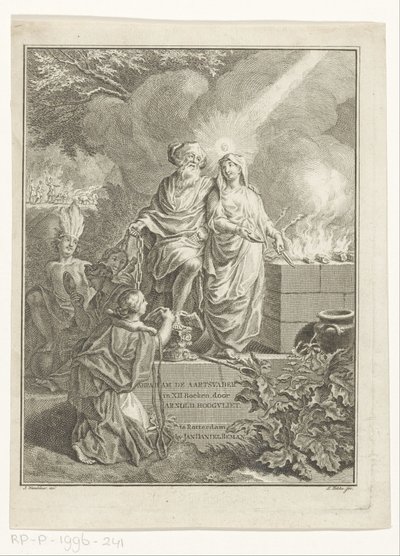Allegorikus címlap Ábrahám pátriárkával és az igazsággal Címlap: Arnold Hoogvliet, Ábrahám, a pátriárka, in XII Boeken, s.a. alkotó: Simon Fokke