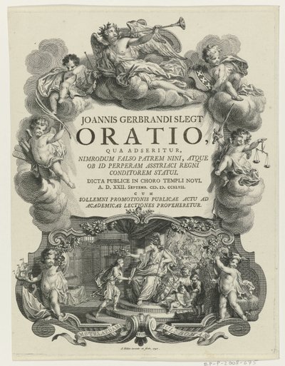 Minerva lauwert een jongeman met bul Címlap: J.G. Slegt, Beszéd, amelyben azt állítják, hogy Nimród hamisan Nina apja (...), 1747 alkotó: Simon Fokke