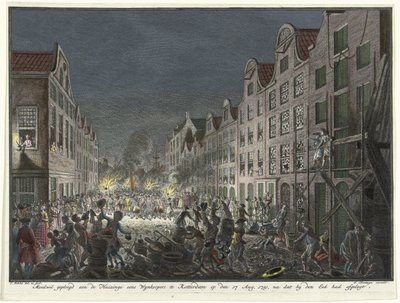 Gerrit Hagedooren borvásárló házának kifosztása Rotterdamban, 1751 Akaratosan elkötelezte magát a Huizinge Once Wynkoopers mellett Rotterdamban augusztus 17-én. 1751, miután letette az esküt (cím a tárgyon) alkotó: Simon Fokke