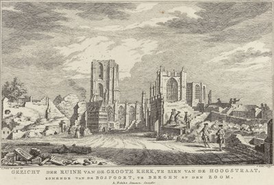 A bergeni nagytemplom romja, Zoom, 1748 Kilátás a Groote Kerk romjaira, a Hoogstraat felől nézve, a Bospoort felől, Bergen op den Zoomban (cím az objektumon) A romok tíz arca Bergen op Z ostroma és elpusztítása után alkotó: Simon Fokke