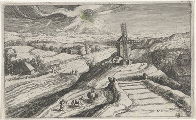 Dombos táj szélmalommal Különböző tájak (sorozat címe) Topographia variarum regionum (sorozat címe) alkotó: Simon Frisius (attributed to)