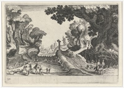 Erdei táj egy kereszt az ösvény mentén Dél-európai tájak (sorozat címe) Topographia variarum regionum (sorozat címe) alkotó: Simon Frisius