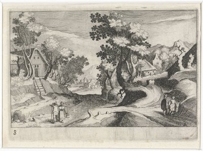 Erdős dombos táj épületekkel és alakokkal Dél-európai tájak (sorozat címe) Topographia variarum regionum (sorozat címe) alkotó: Simon Frisius