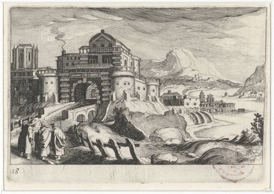 Emmäus emberek a város kapuja előtt egy hegyi tájon Dél-európai tájak (sorozat címe) Topographia variarum regionum (sorozat címe) alkotó: Simon Frisius